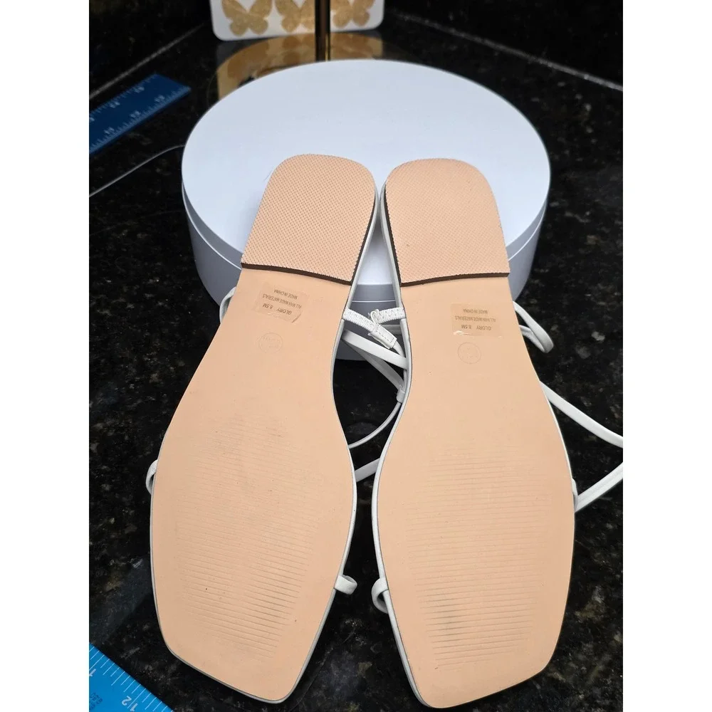 Joie Glory Sandal 8.5 White Strappy Square Toe Minimalist Flat Ankle Wrap Sandal